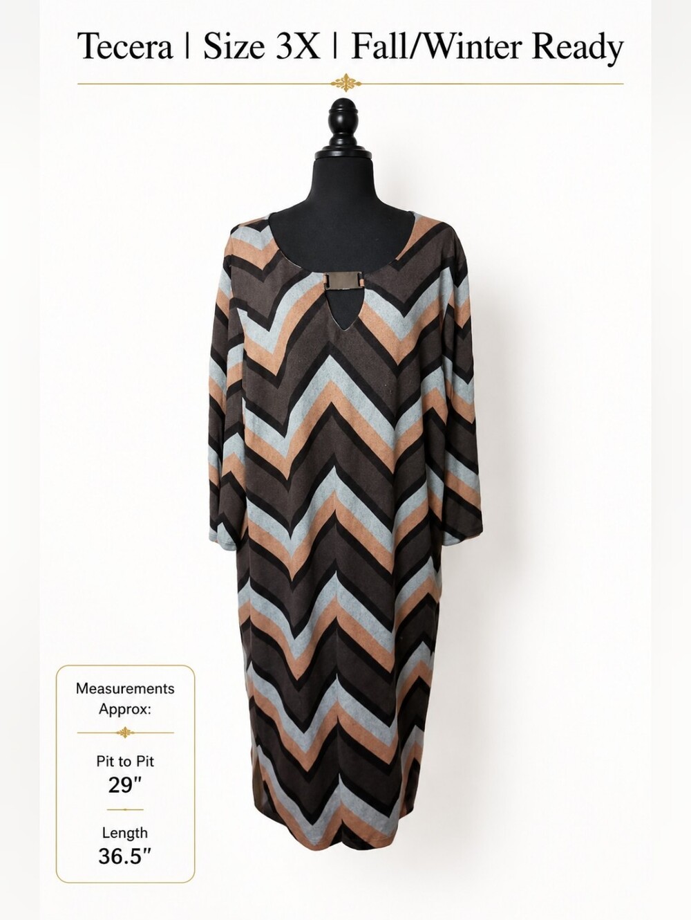 Tecera 3X Chevron Sweater Dress Brown Blue Long Sleeve Fall Winter Midi
